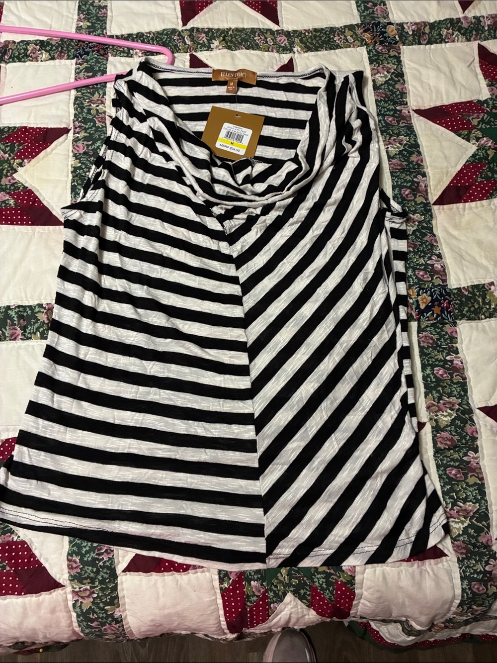 Ellen Tracy Black & White Striped Draped Neck Tank